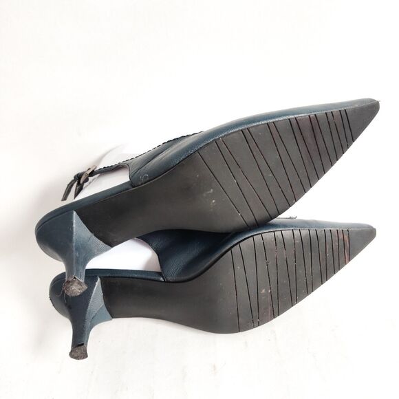 Vintage Y2K 90s Karen Scott Navy Blue Leather Slingback Pointy Toe Kitten Heel 9 - Picture 7 of 10